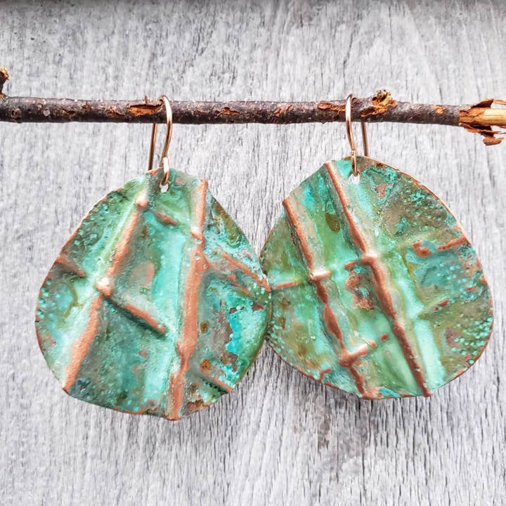 Scalloped Ocean Green Patina Earrings for wholesale by Crystal Borealis Studio