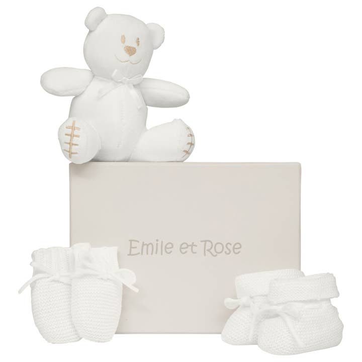 White Unisex Baby Knitted Mitt & Boottee Gift Set for wholesale by Emile Et Rose