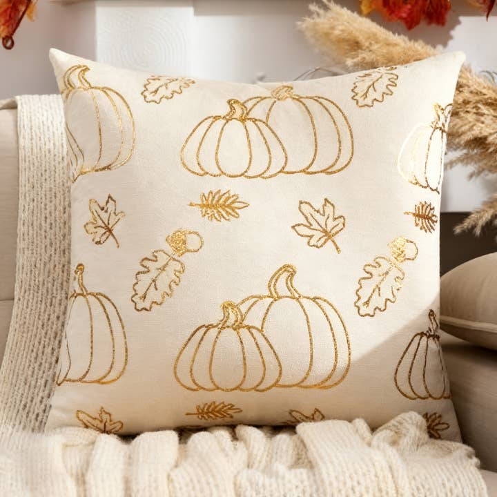 Gilded Pumpkin and Leaf Decor Throw Pillow 18×18 for wholesale by FLUFFERY