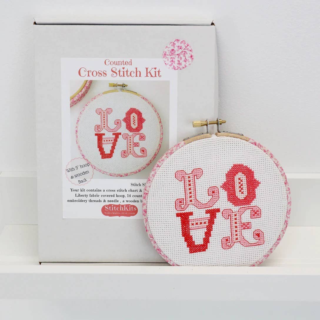 Stitchkits Crafts - Wholesale Embroidery/Cross Stitch Supplies - 'Love' Cross Stitch  Hoop Kit. Pink1