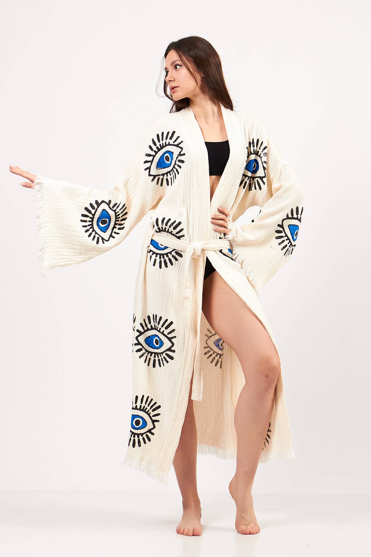 Yaz Concepts - Venta al por mayor Kimono - Mujer - Kimono Turco con Estampado de Ojo Turco Blanco y Azul7