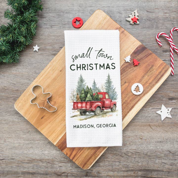 City State Custom Small Town Christmas Kitchen Home Towel for wholesale by Canary Road