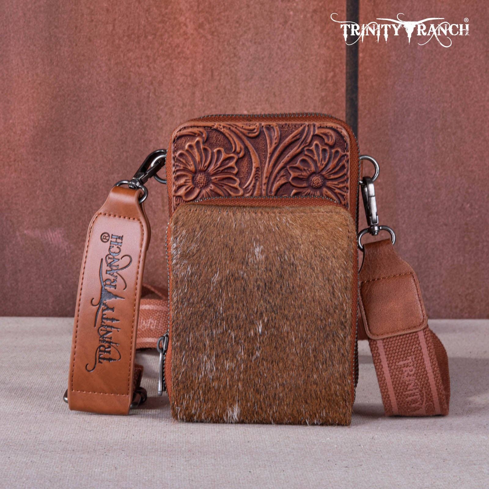 REMOVED BRAND - Wholesale Crossbody Bag - Women's - TR159 -183  Trinity Ranch Genuine Hair-On Cowhide /Tooled  Collection Phone Purse with Coin Pouch19