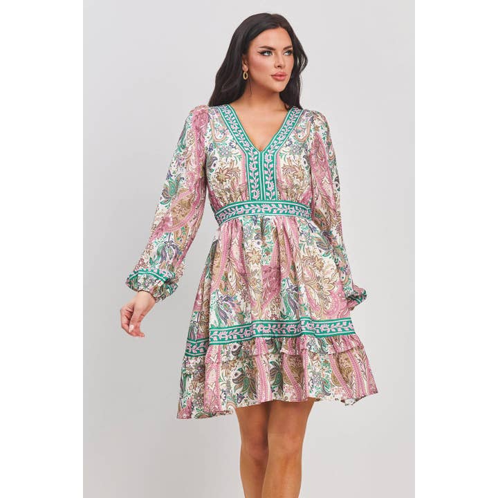 BOARDER PRINT LONG SLEEVE MINI DRESS for wholesale by The Sang