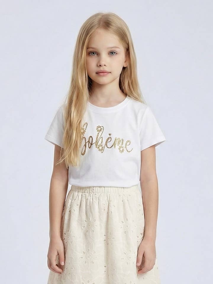Baumwoll-T-Shirt mit glitzernder »bohemian« Schrift für Mädchen für den Großhandel von MINI MIGNON PARIS