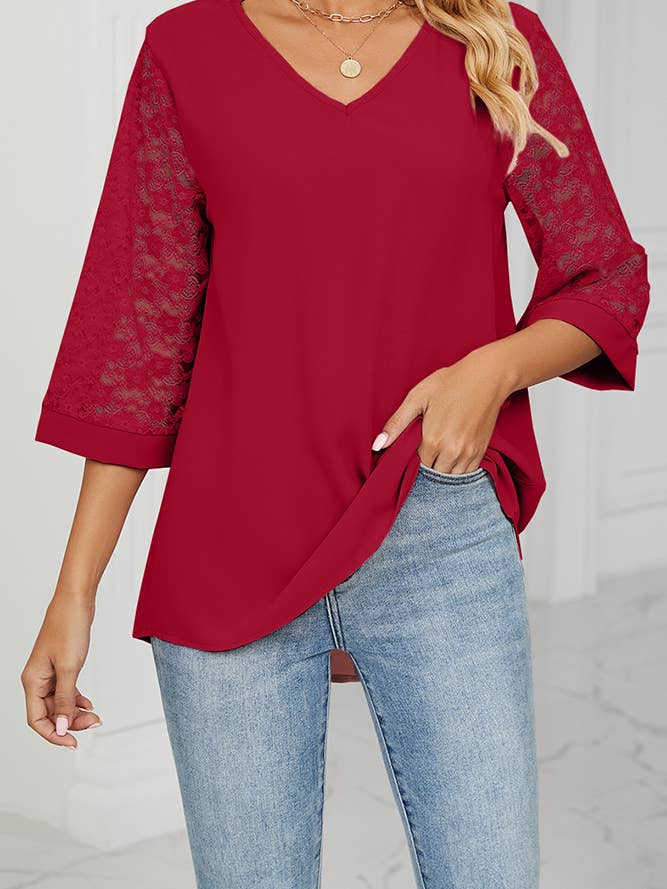 Top uni à manches en dentelle à col en V WZD018 pour la vente par UNISHE