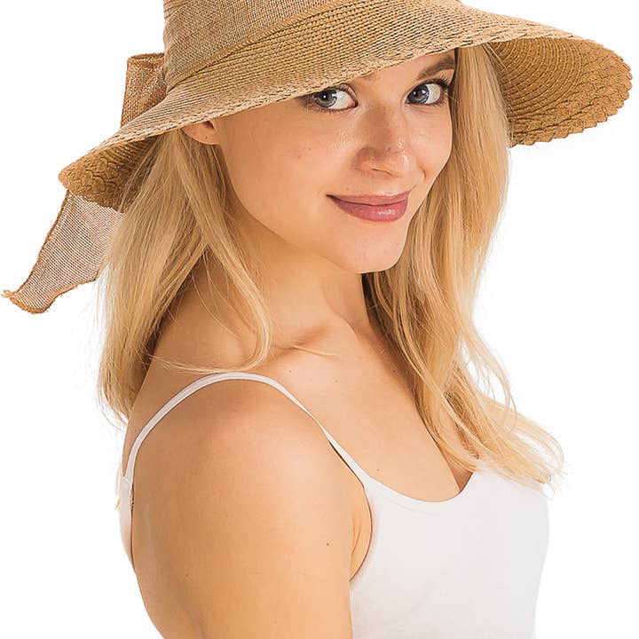 Cap Zone - Wholesale Straw Hat - Women's - Burlap Ribbon Scallop Trim Visor Derby Sun Hat