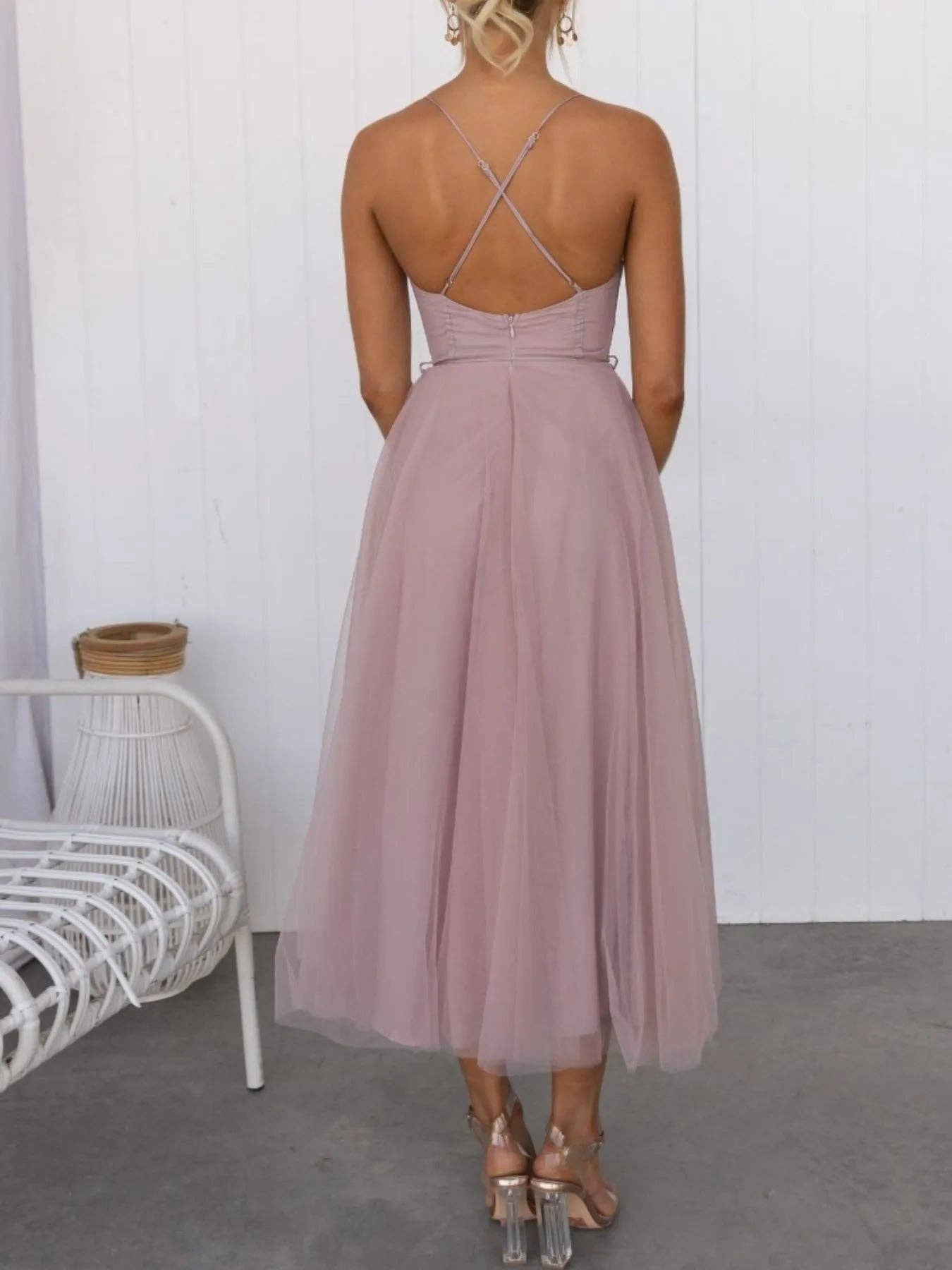 React Activewear - Wholesale Dress - Women's - Sweetheart Neck Tulle Midi Dress15