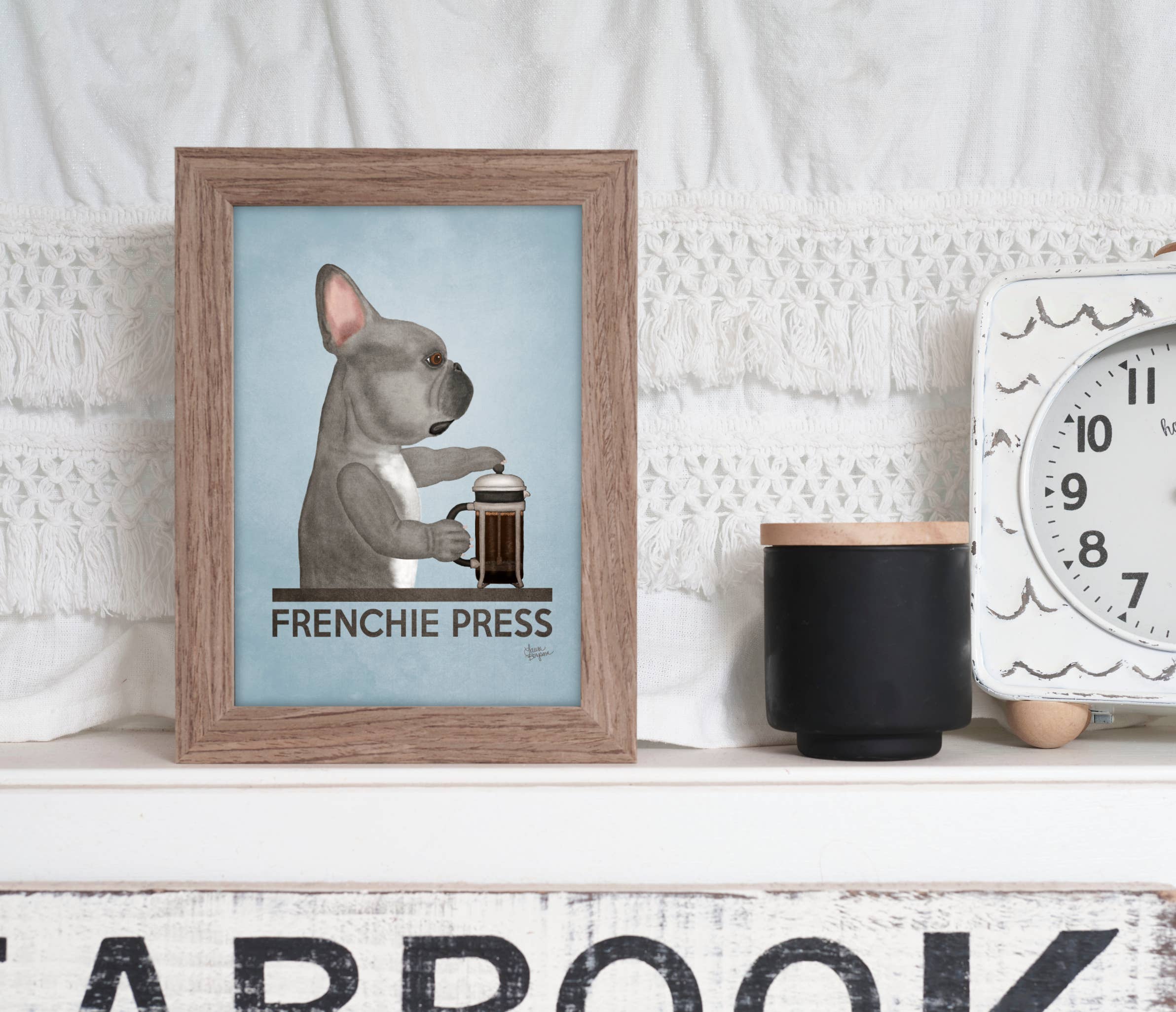 Laura Bergsma Studio – Engroshandel Kunsttryk – Fransk Bulldog Kunst Print, Frenchie Press, Blå m/BRN øje6