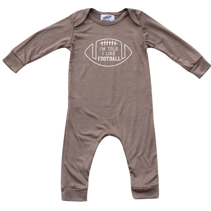 I'm Told I Like Football Long Sleeve Romper for wholesale by Rocket Bug
