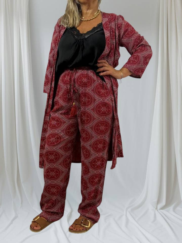 Nola by bijusol - Wholesale Top & Pant Set (NOT Loungewear) - Women's - Nola Harmony Set – bordo Boho Kimono & Trousers 21640