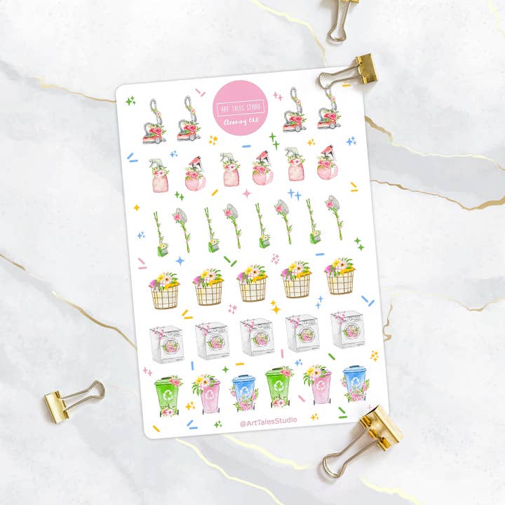 Cleaning Sticker Sheet, Housework Stickers, Planner Stickers, Bullet Journal Stickers, Laundry, Vacuum, Recycle, Spray, Trash Bin, Sweeping for wholesale by Art Tales Studio