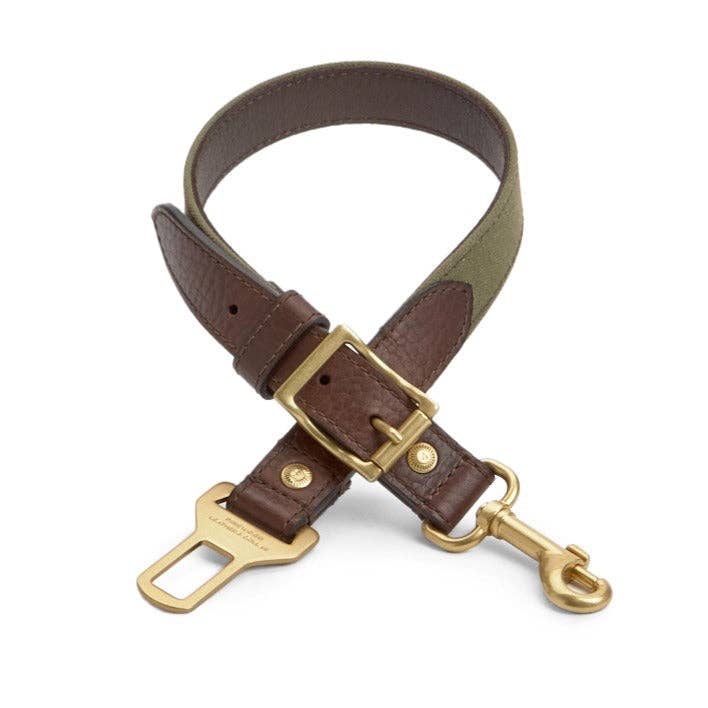 Leather Dog Seatbelt – Brown Bison-Green Canvas-Brass Finish for wholesale by Pinewood Leather & Collar
