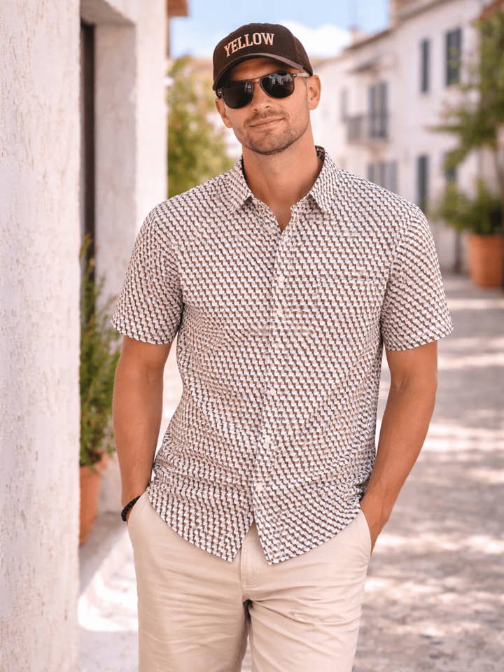 Short-Sleeve Polo Shirt with Brown Geometric Print for wholesale by Yellow Skin