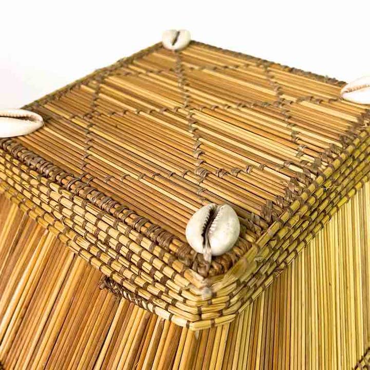 The Niger Bend - Wholesale Basket - Mossi Square-bottom Round-top Leather & Cowrie Shell Trim Straw Basket7