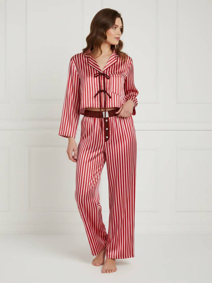 Satin Stripe - Front tie Top with Boyfriend Faux Fly Pj set for wholesale by HAUTE AFFAIRES NYC INC