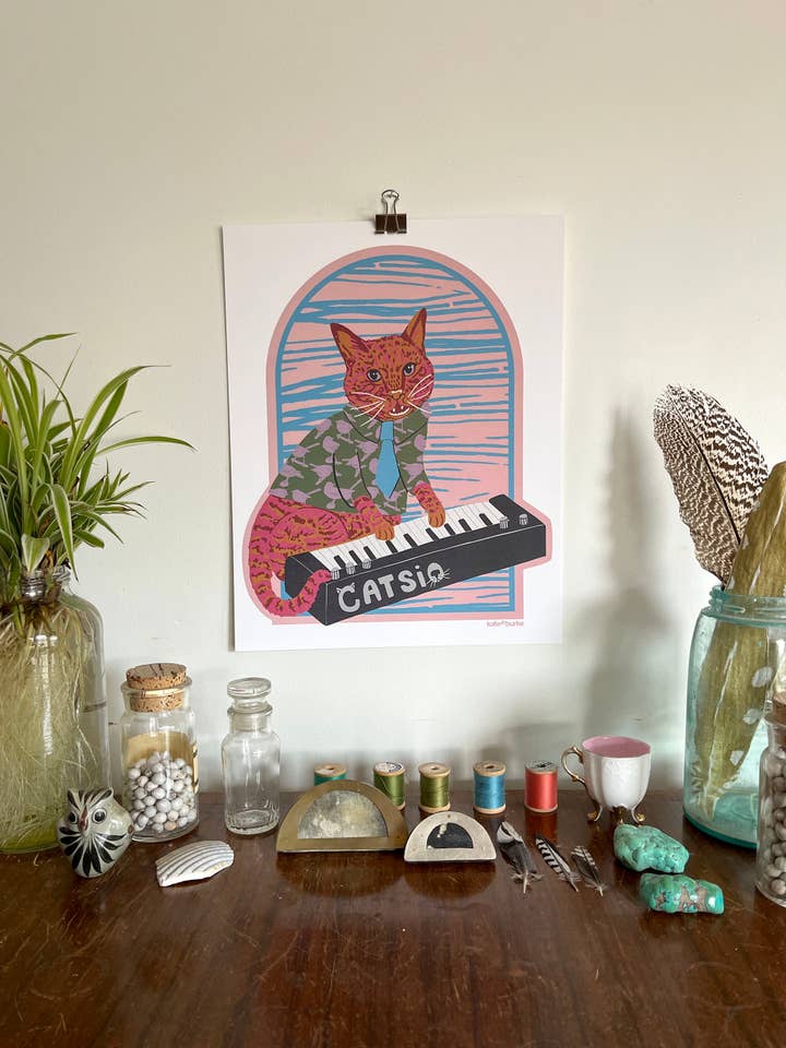 Meowsic Cats: Keegan Keyboard 11”x14” Digital Print for wholesale by Kate E. Burke