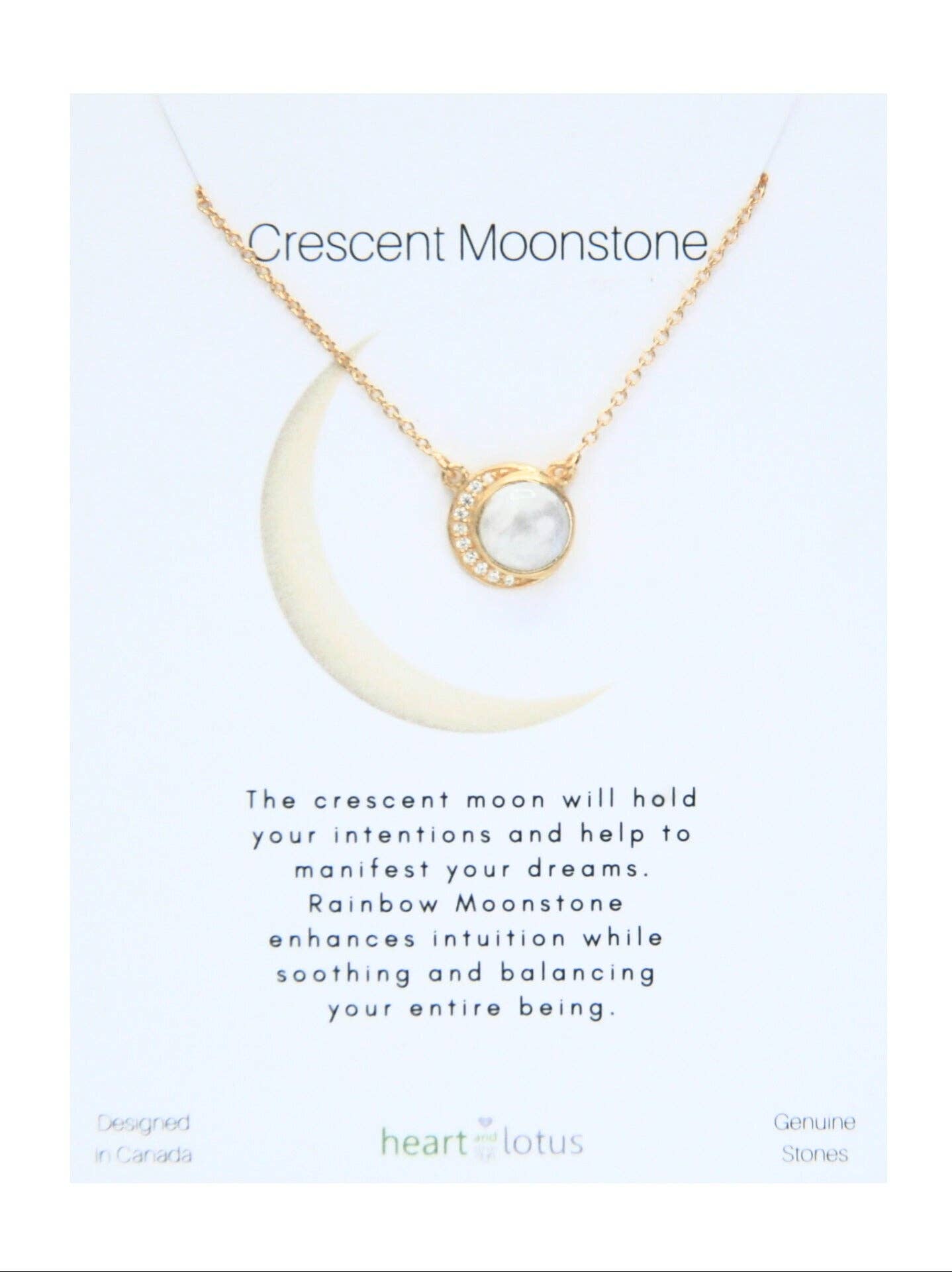 Heart and Lotus Sterling Silver Jewelry - Wholesale Pendant/Charm Necklace - Crescent Moonstone Necklace in Rainbow Moonstone, Cubic Zirconia + Gold1