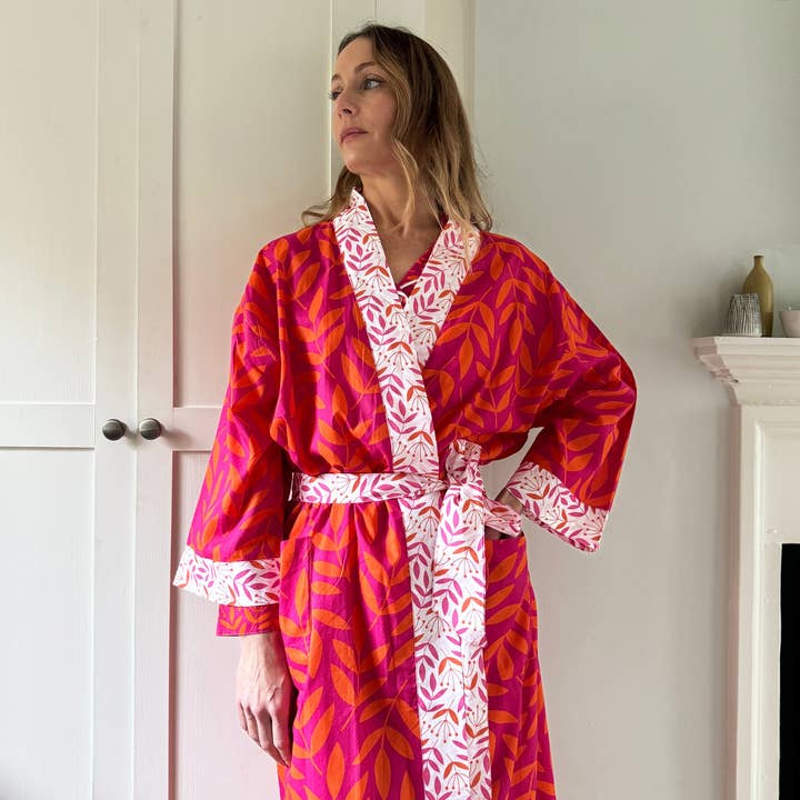 Long Cotton Kimono - Large Leaf Magenta & Orange for wholesale by Lime Tree Design - US