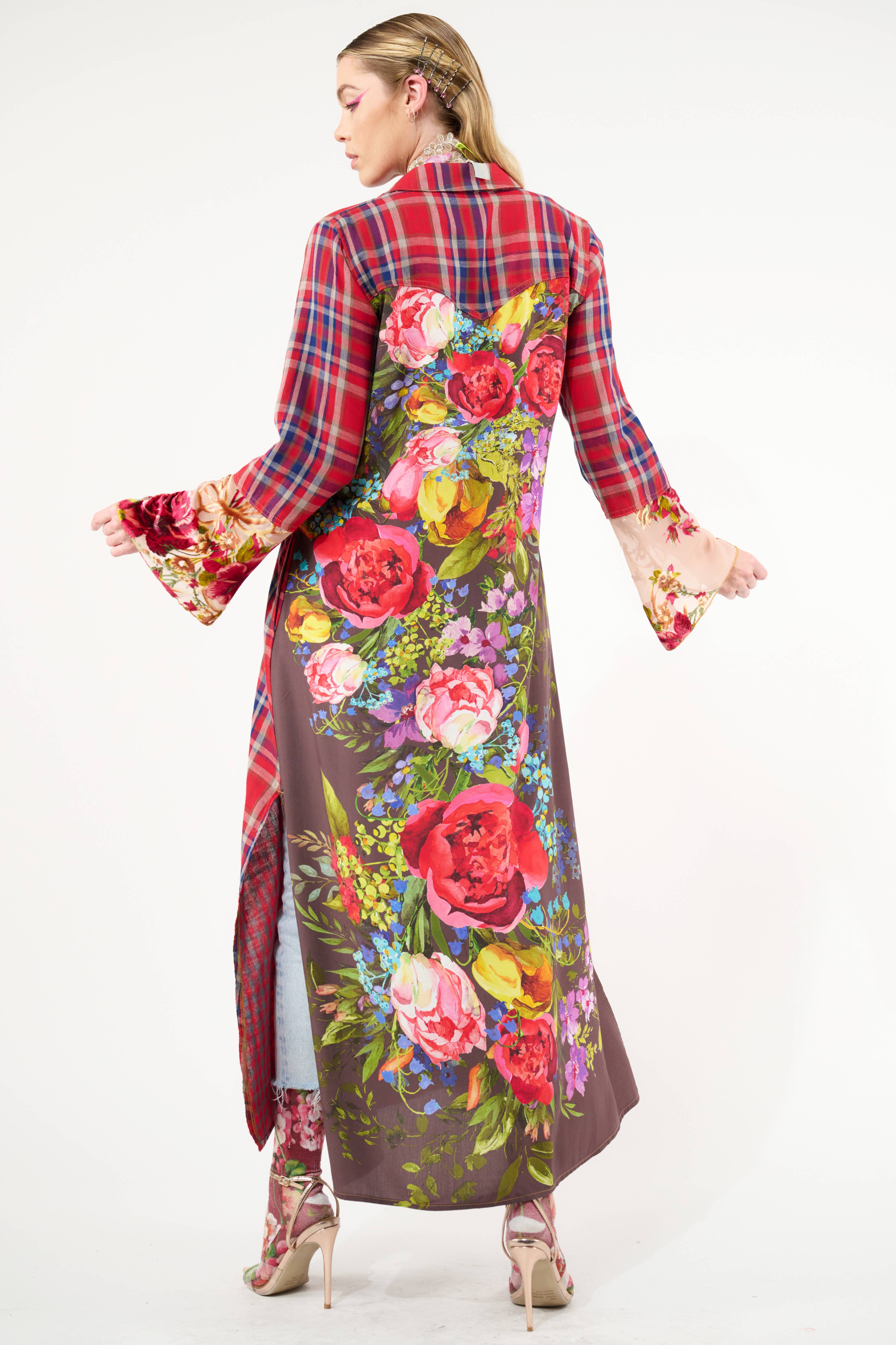 Rode geruite combinatie Anna knoopsluiting Maxi Overhemdjurk / Duster voor groothandel op Faire16