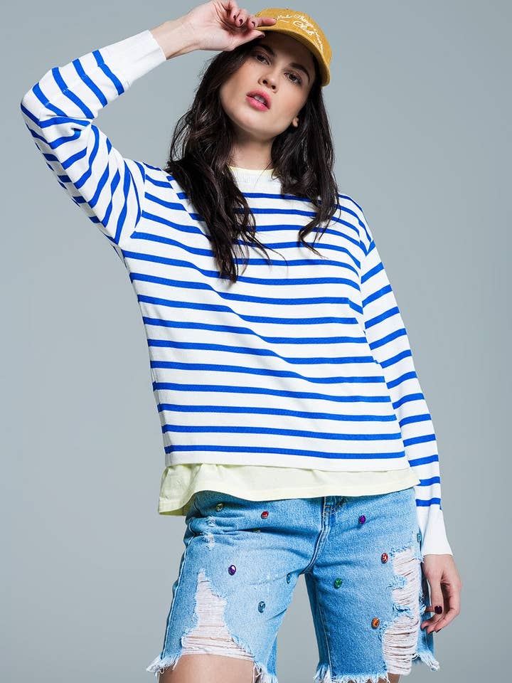 White sweater with blue stripes for wholesale by Q2—All Orders:Free Duties for the US,UK,and Canada