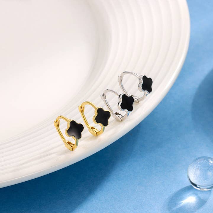 Perimade & Co. LLC - Wholesale Huggie Earrings - Black Four Leaf Clover Hoop Earrings in 925 Sterling Silver1