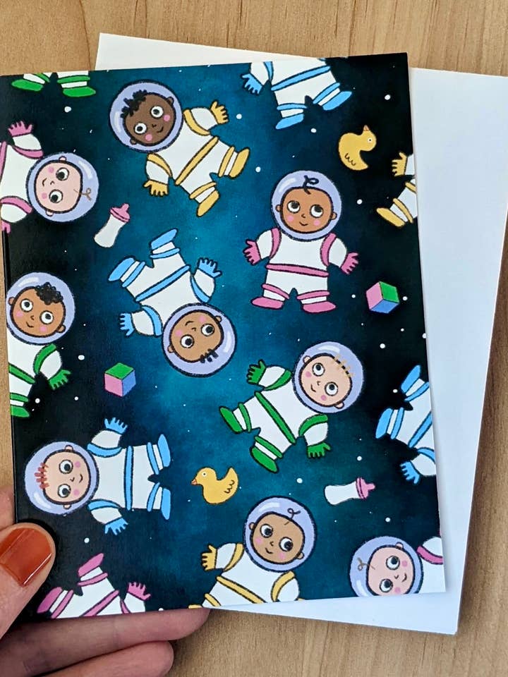 Babies in Space - greeting card - baby shower - adoption for wholesale by Stephanie Brachmann Studios (formerly Rhino Sky Creations)