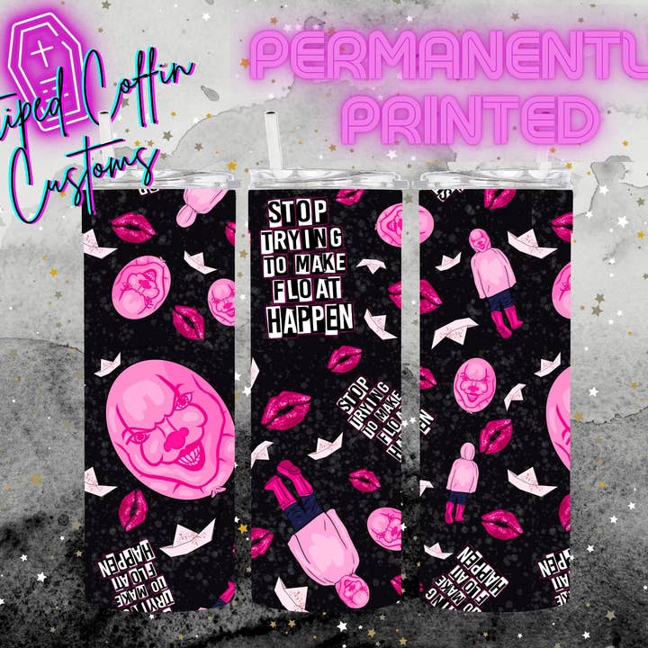 Bicchiere Mean Girls Pennywise «Smettila di provare a far accadere il galleggiante» | Coppa di Halloween | Bicchiere spettrale | Goth pastello | Orrore | Citazioni di ragazze cattive per la vendita all'ingrosso da parte di Striped Coffin Customs