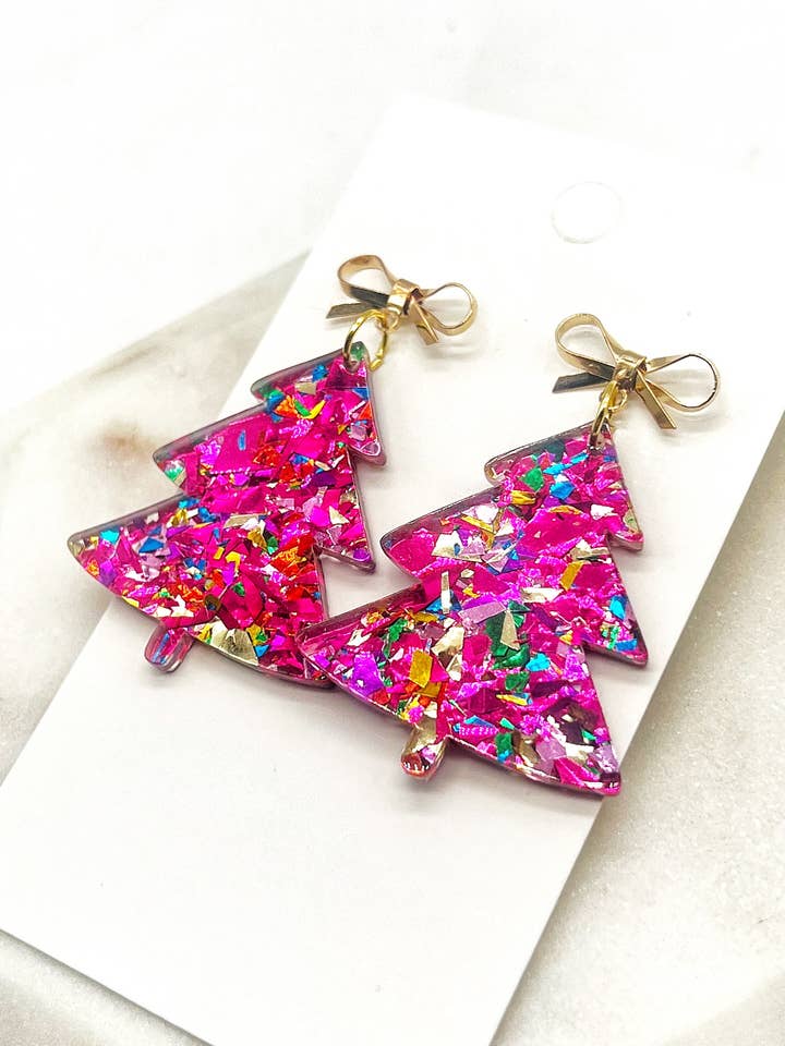 Pink Glitter Christmas Tree Bow Acrylicy Earrings for wholesale by Baubles by B