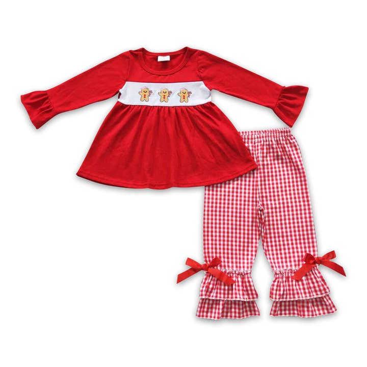 Red gingerbready tunic ruffle pants girls Christmas clothes for wholesale by Yawoo Garments