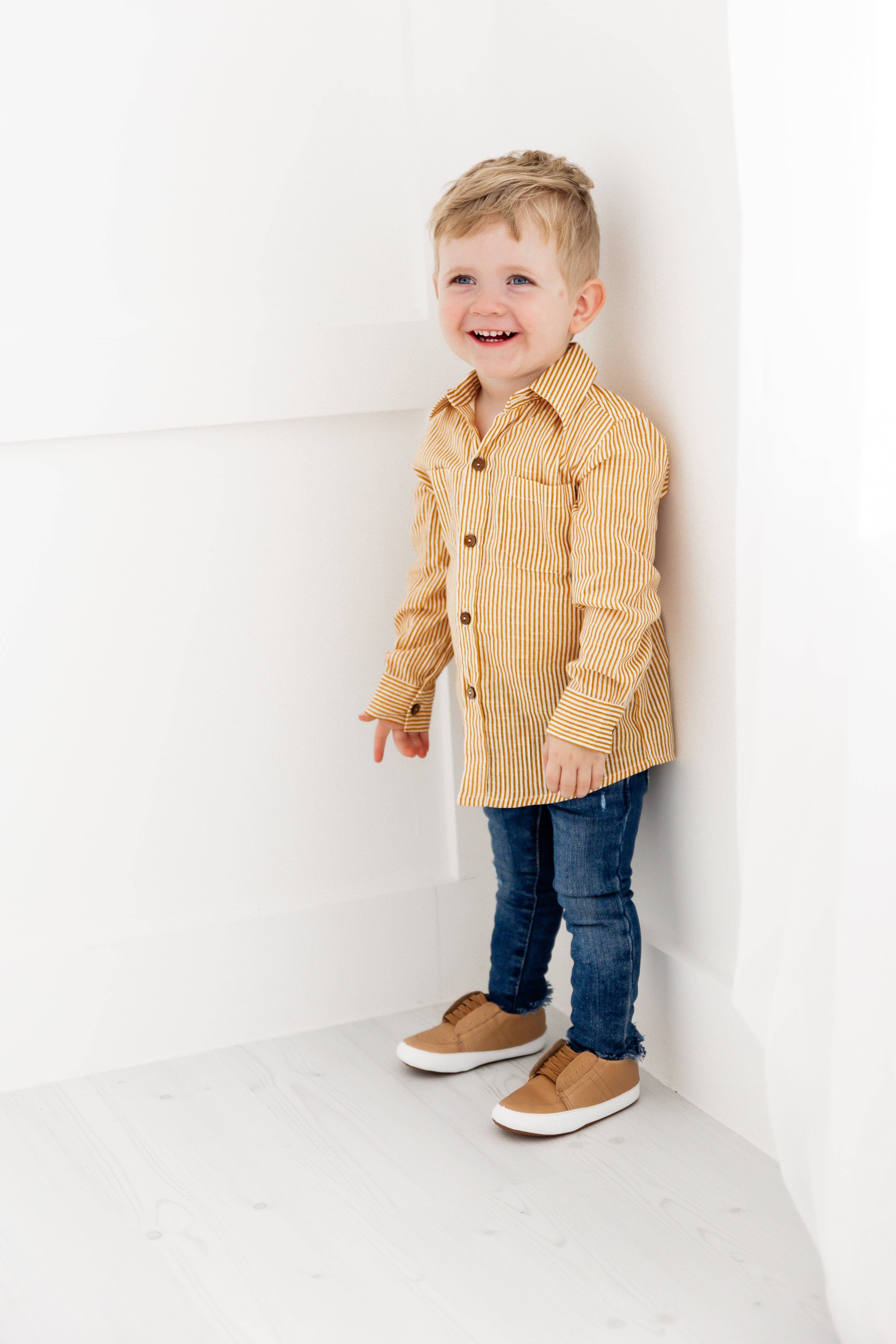 Yo Baby - Wholesale Button Down Shirt - Kids - Mustard Stripes Printed Boys Shirts1