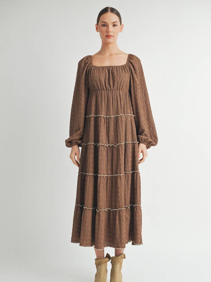 Marrone Vestito midi a balze a maniche lunghe con texture - Marrone in vendita all'ingrosso su Faire0