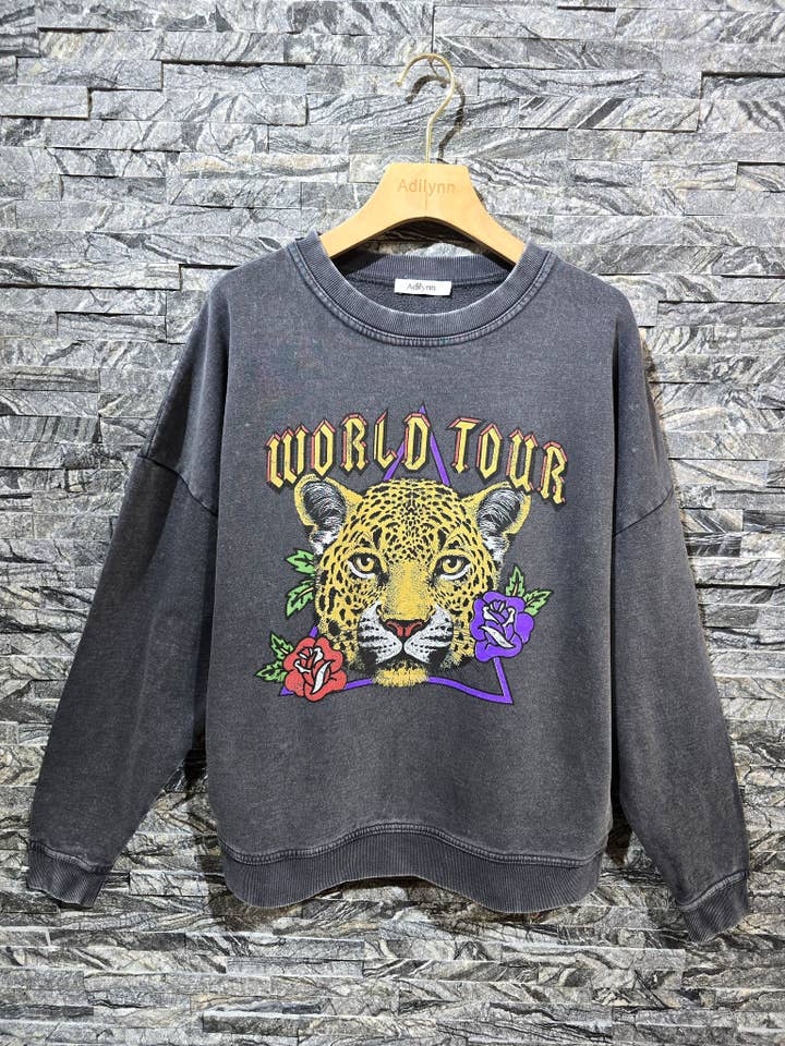 Grey Tiger print fleece sweatshirt "World tour", round neck 250023 for wholesale on Faire
