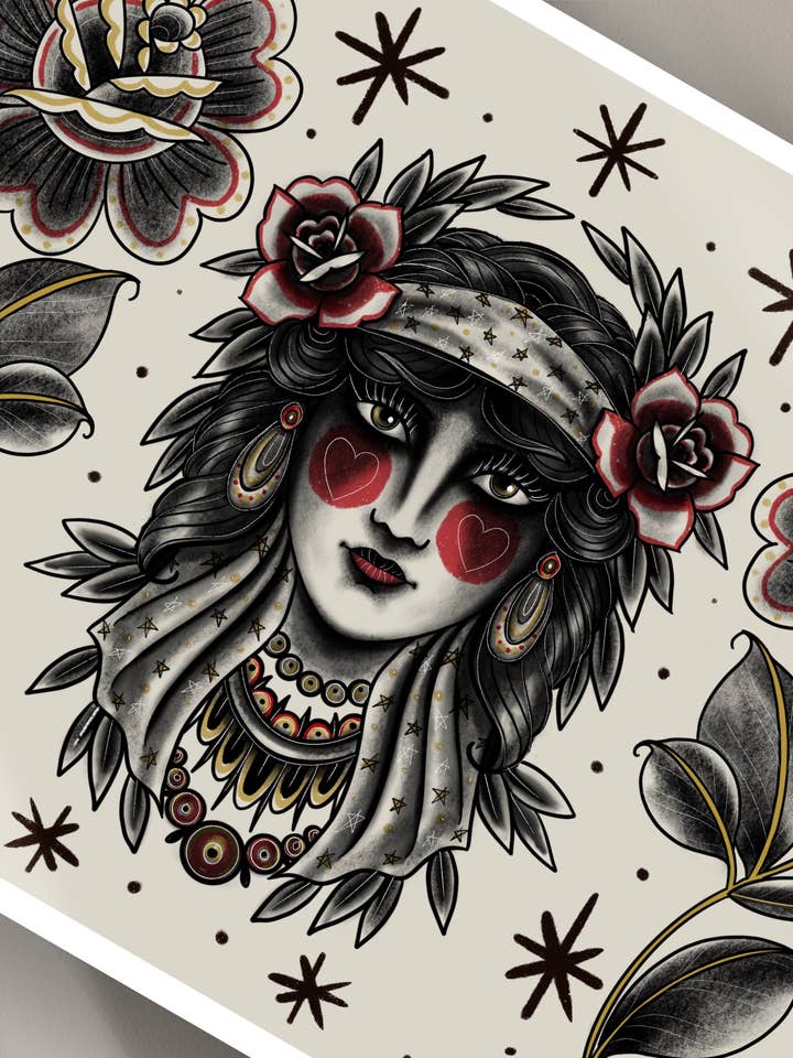 Traditionele tattoo-stijl Rose Lady-print voor wholesale door LHPTATTOO