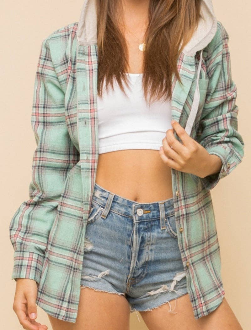 safistyle - Vente Chemise à col boutonné – femme - Chemise boutonnée à carreaux avec capuche à cordon7