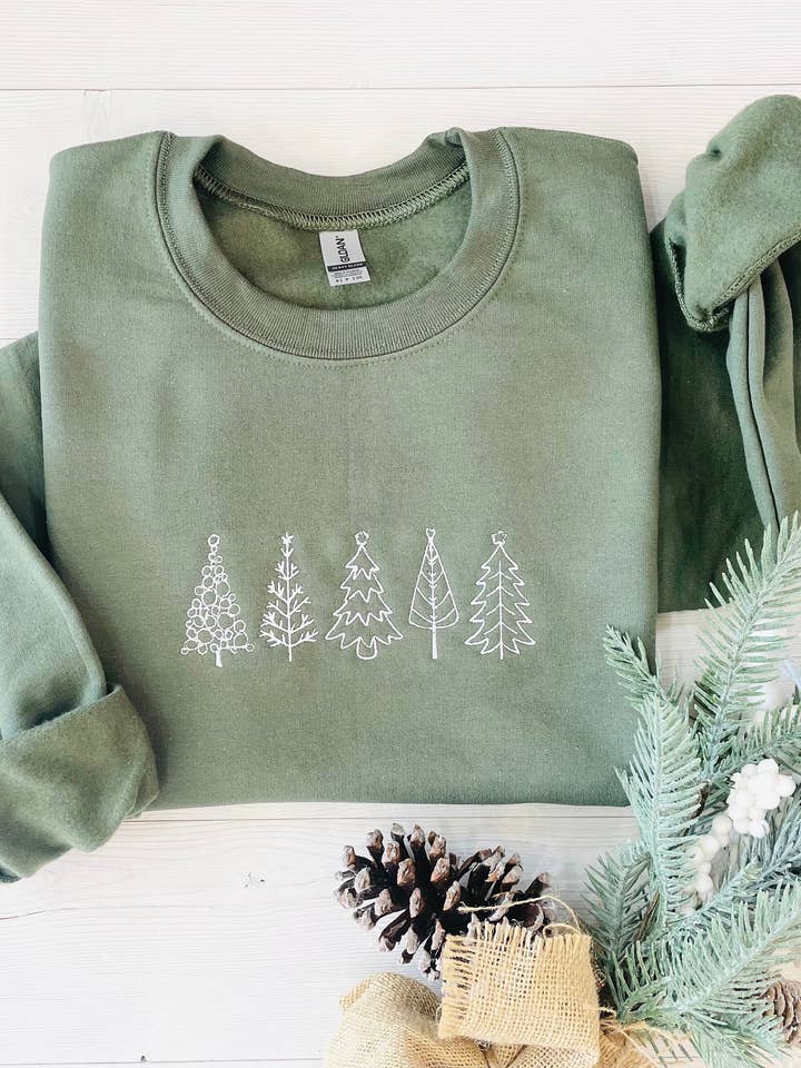 Military Green Christmas Tree Embroidered Sweatshirt - Embroidered Christmas Sweatshirt for wholesale on Faire2