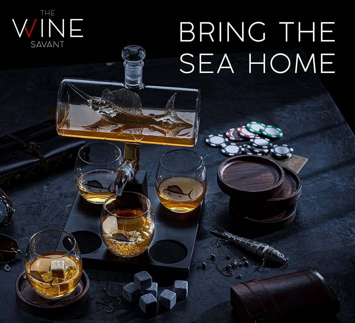 The Wine Savant /  Khen Glassware - Wholesale Decanter - Sailfish Whiskey Decanter Dispenser and 4 Liquor Glasses1