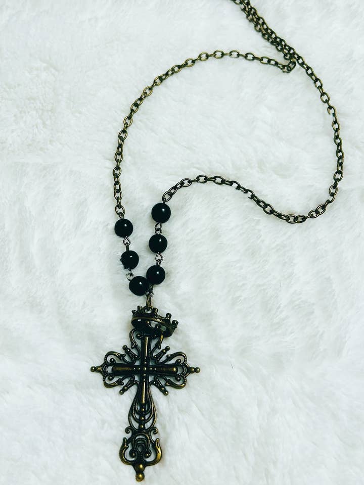 Bronze Crowned Cross Onyx Necklace for wholesale by Petals Jewelry Designs By Brandi Crain
