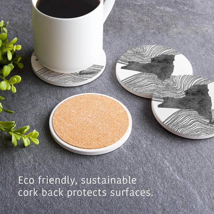 Love Local - Wholesale Coasters - Minimalistic B&W New York State With Fluid Lines | Absorbent Coasters | Set of 4 | Min 24