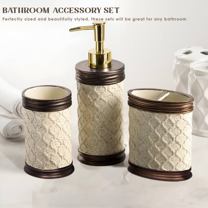 Bathroom Accessories Set 3 Lotion Dispenser Toothbrush Holder Tumbler~5469 for wholesale by Ledsone