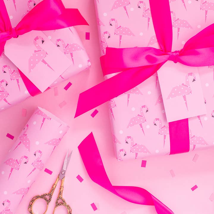 Pink Origami Flamingo Wrapping Paper for wholesale by Dottie's Paper Co.