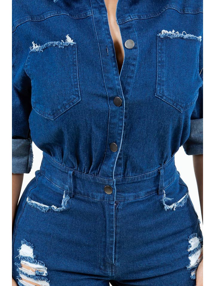Uptown Apparel - Wholesale Romper - Women's - J7802 LONG SLEEVE WASHED AND DISTRESSED DENIM ROMPER
