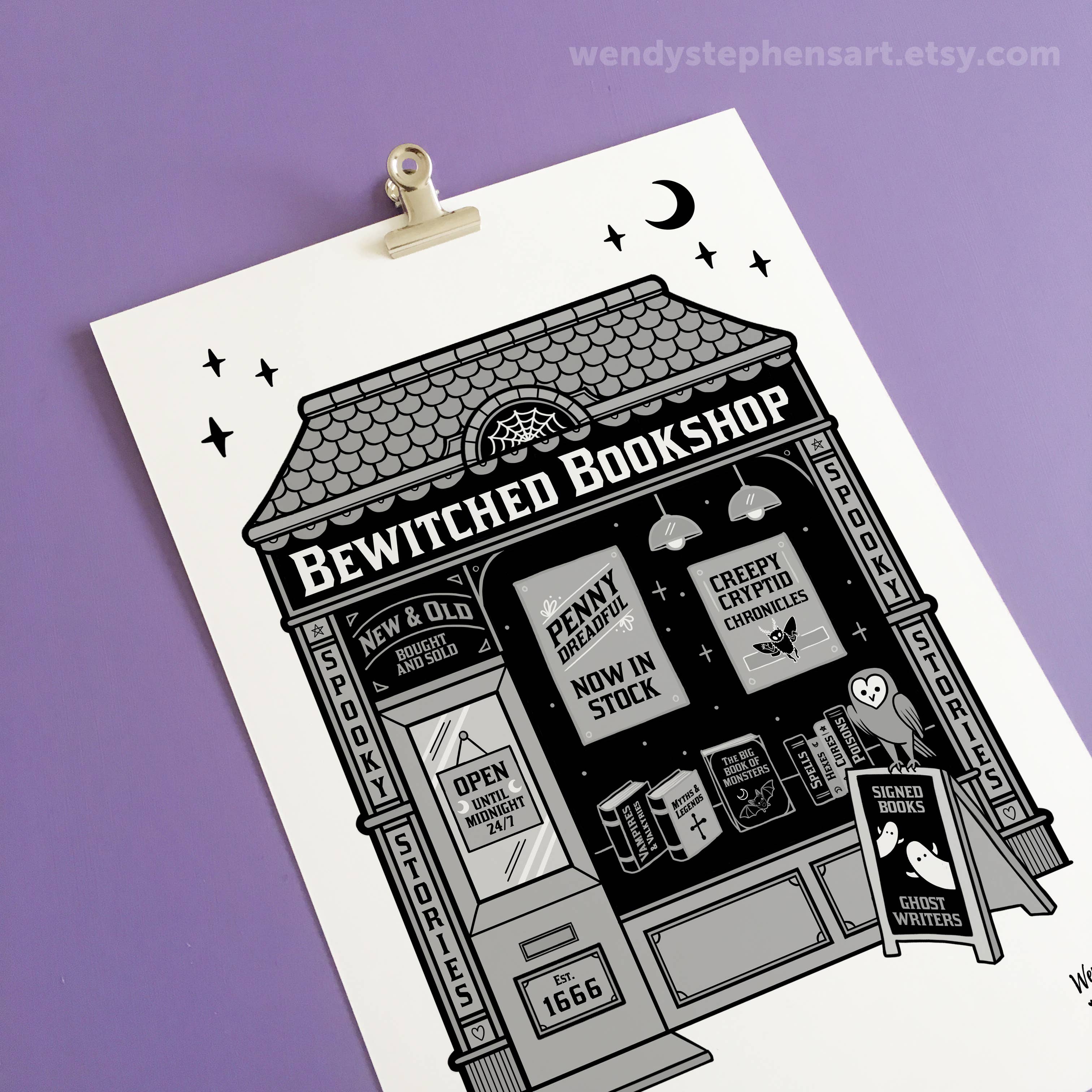 Wendy Stephens Art - Wholesale Art Print - Bewitched Bookshop Witch Print Gothic Art Print0