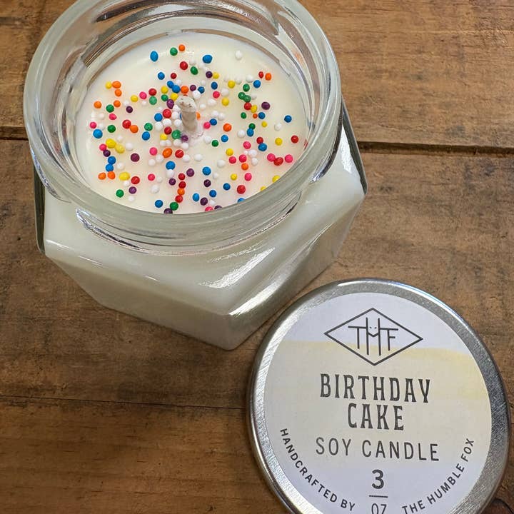 The Humble Fox Candle Co. - Wholesale Jar/Filled Candle - Birthday Cake Soy Candle - 3oz Hexagon Jar1