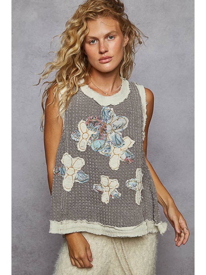 Pol Clothing - Wholesale Blouse - Women's - Round Neck Sleeveless Denim Flower Patch Top6