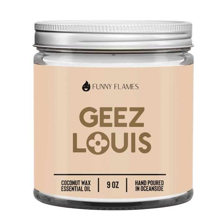 Geez Louis (brown)- 9oz Candle for wholesale by Funny Flames Candle Co - Les Creme