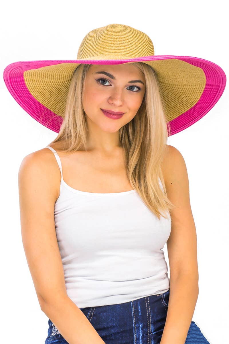 Cap Zone - Wholesale Straw Hat - Women's - Mixed Natural Stripe Trim Wide Floppy Sun Hat20