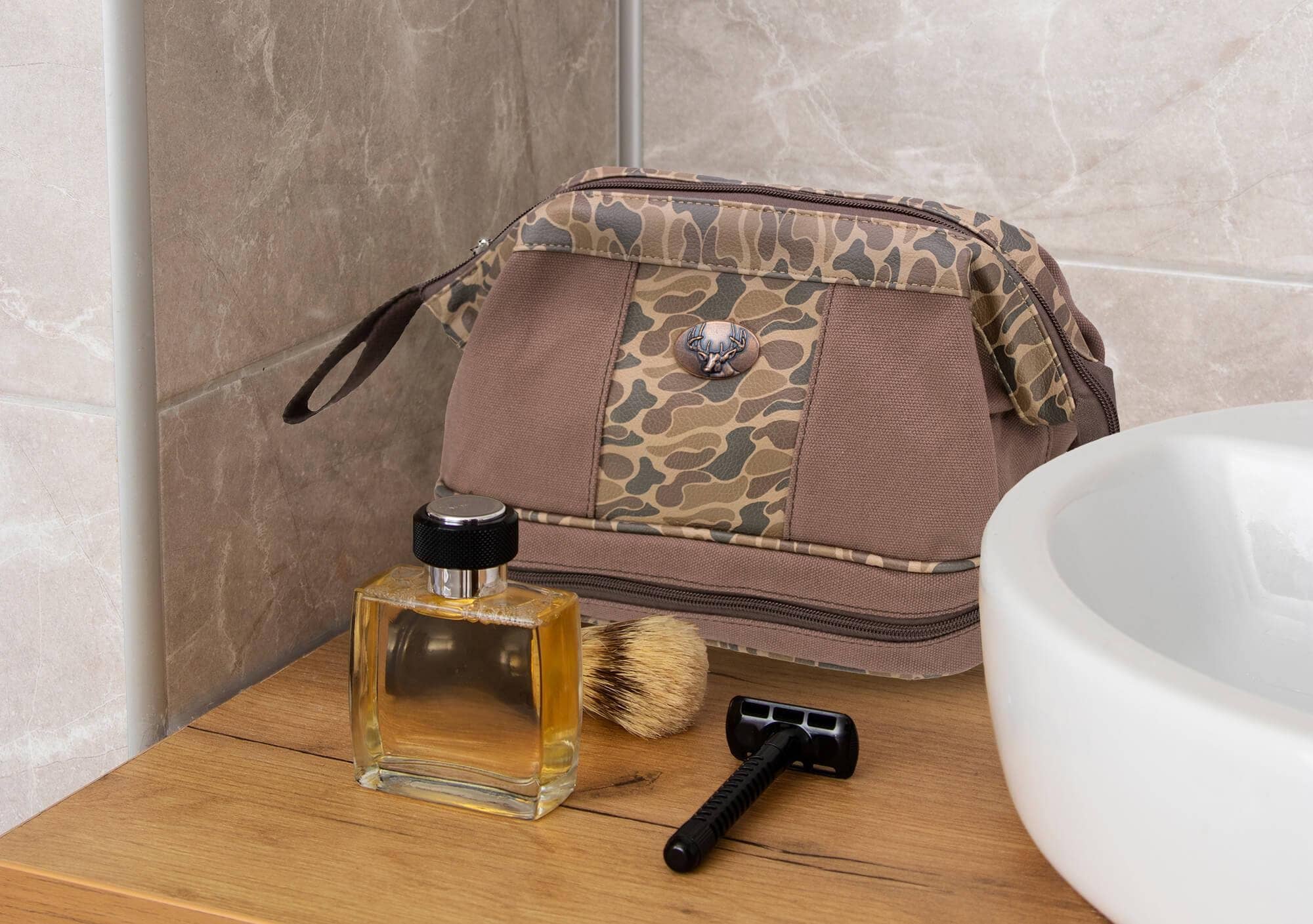 Buck Brown Waxed Canvas Old School Camo Men's Toiletry Dopp Bag. for wholesale on Faire6