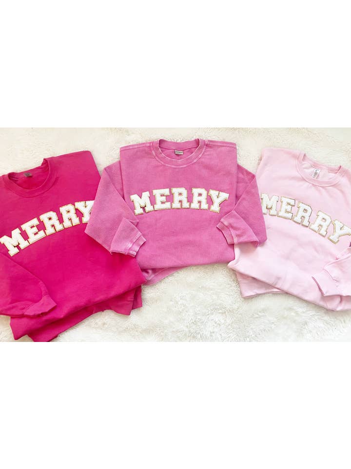 Simply Blush Wholesale - Wholesale Sweatshirt - Women's - Chicka-d Bubblegum Merry Chenille Letter Glitter Patch Tee/Sweatshirt2