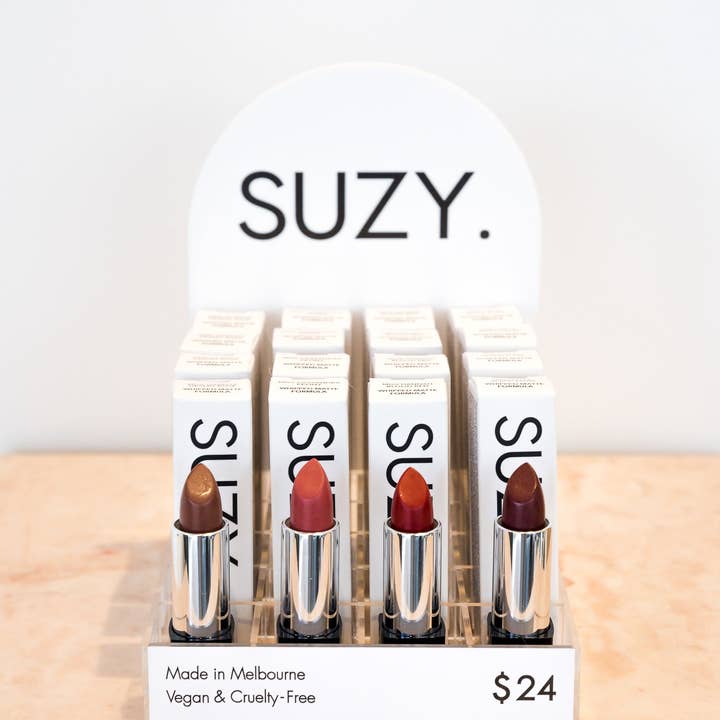 SUZY. Lipsticks - Wholesale Lipstick - MINI WHITE ARCH CUSTOM BUNDLE! 4 colours of your choice x 4 saleable of each, FREE testers, FREE display stand, FREE express shipping